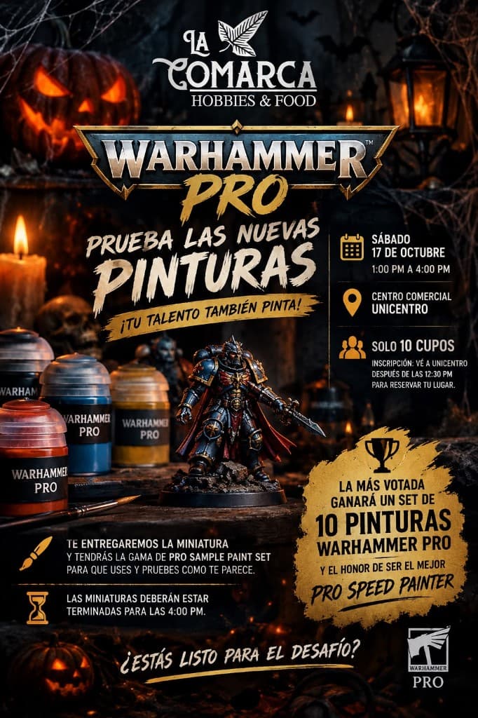 Afiche de Warhammer Pro de La Comarca, sábado 17 de octubre, prueba de pinturas, 10 cupos.